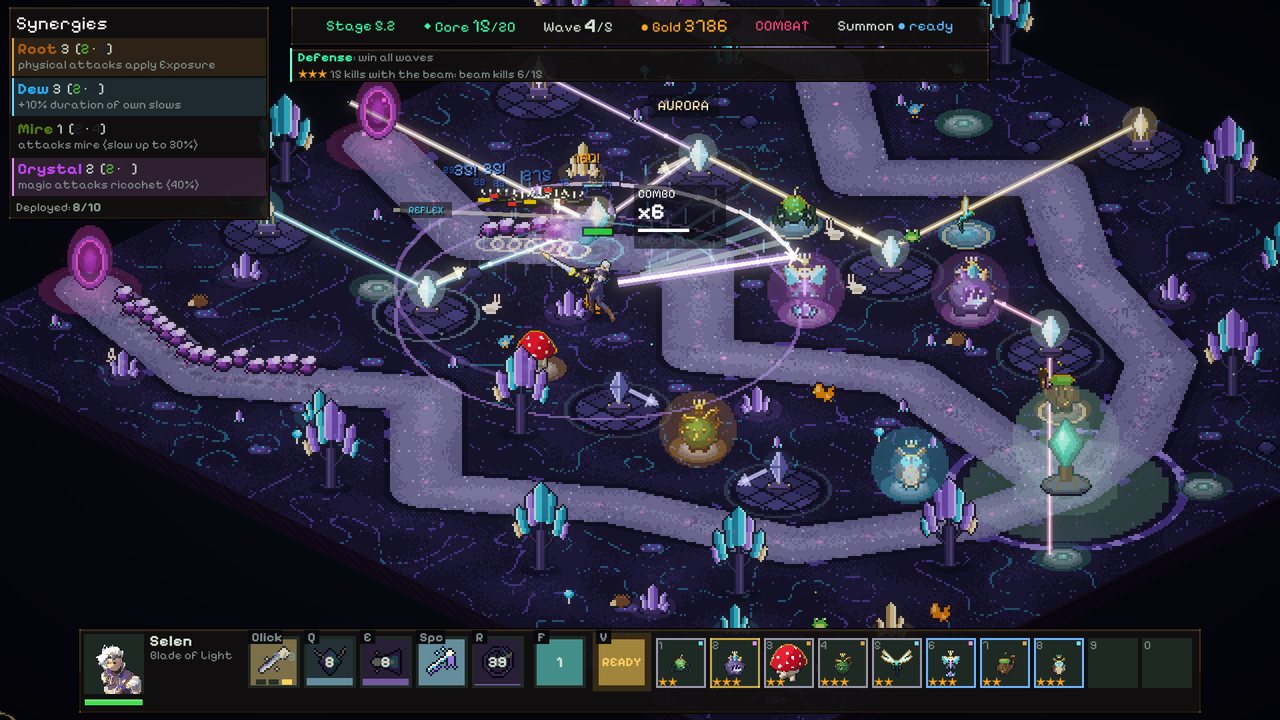 A battle in the Crystal Grove: commander Selen fires a beam of light over a line of enemies, with guardians on their posts.