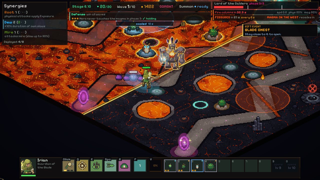 The fight against the Lord of the Caldera boss, with half the map covered in magma.