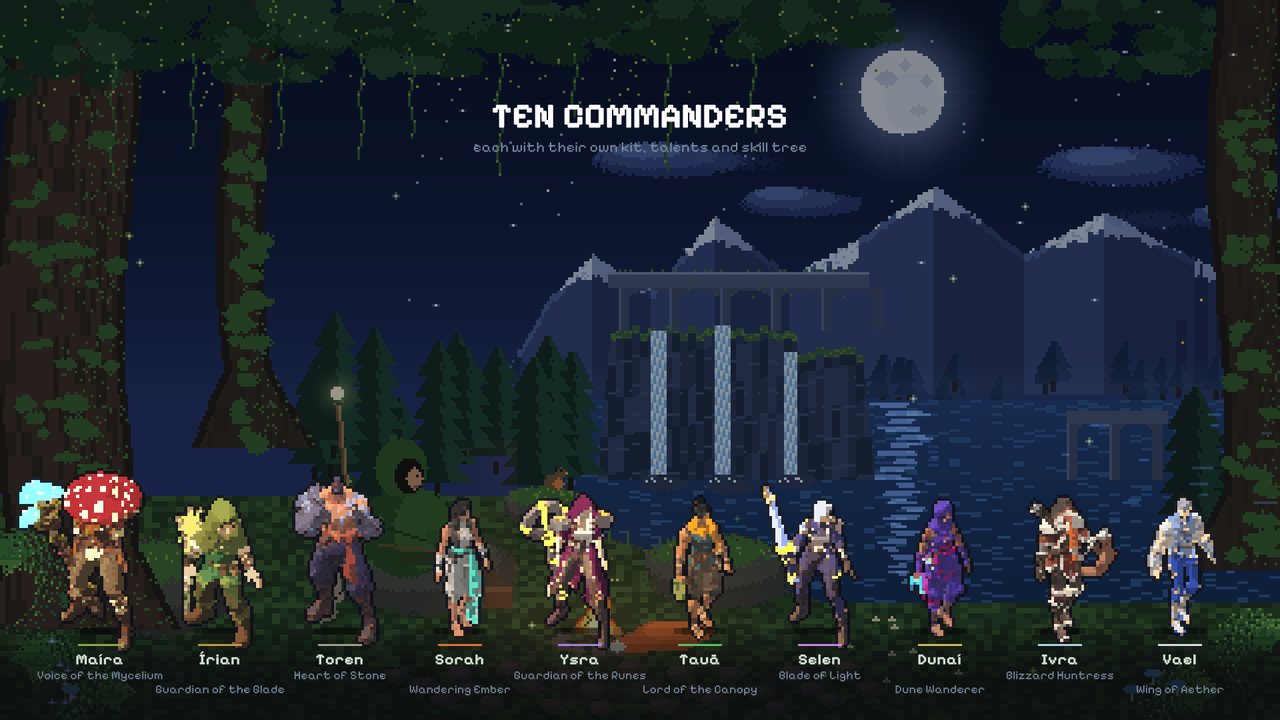 A screen showing the ten playable commanders side by side.
