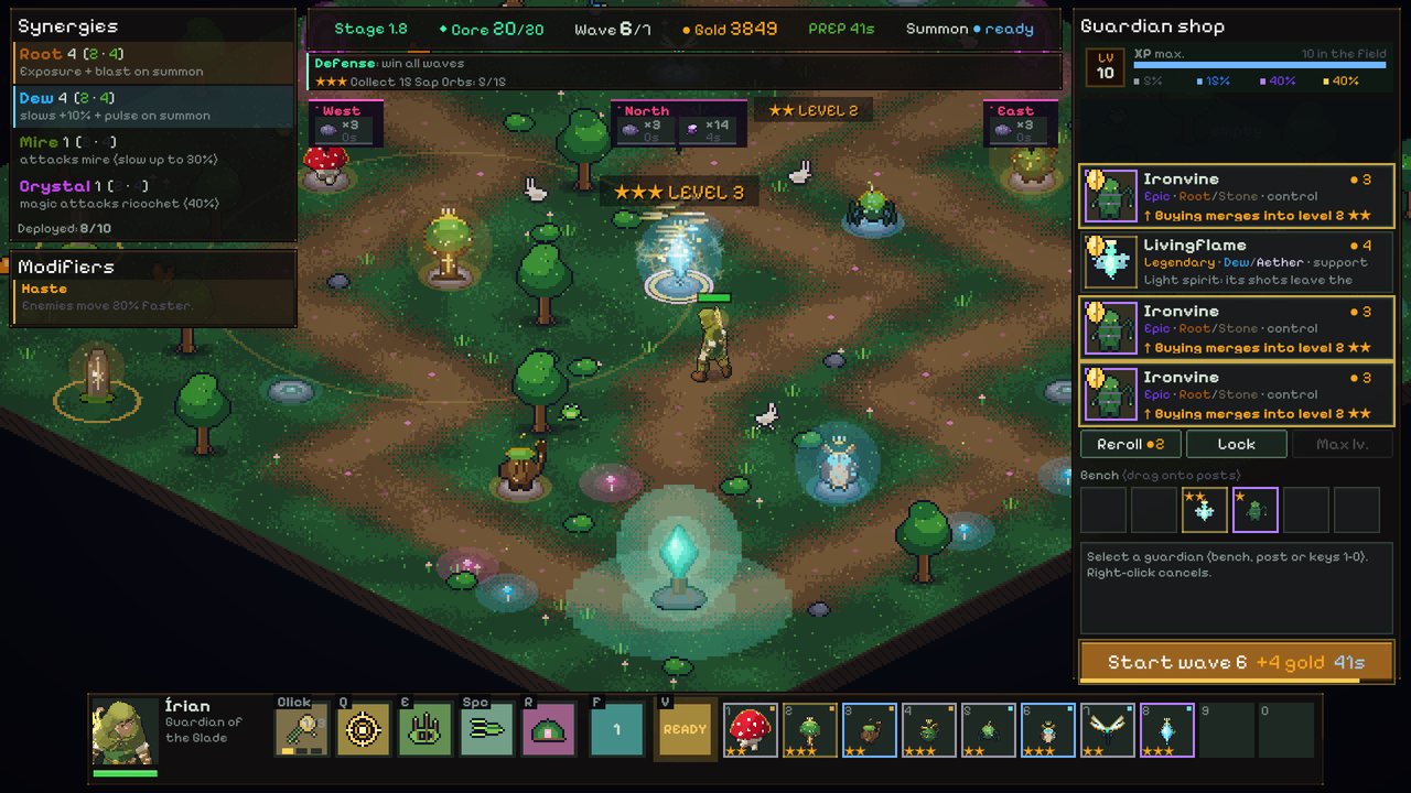 The preparation phase with the guardian shop open, the reserve and the posts on the map.